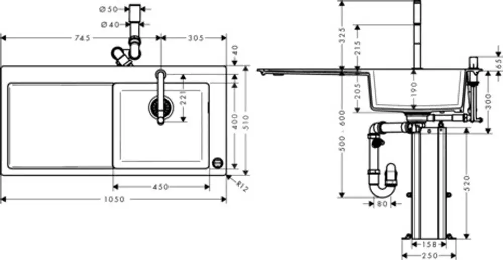 Küchenwaschbecken von Hansgrohe mit zwei Becken, einer Abtropffläche links und einer seitlichen Armatur. Detailierte technische Zeichnung mit Maßangaben.
